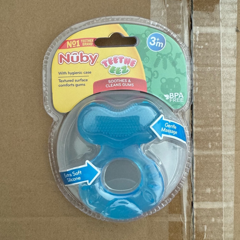 3 Nuby Silicone Teethe-EEZ Teether with Bristles, Includes Hygienic Case, Blue